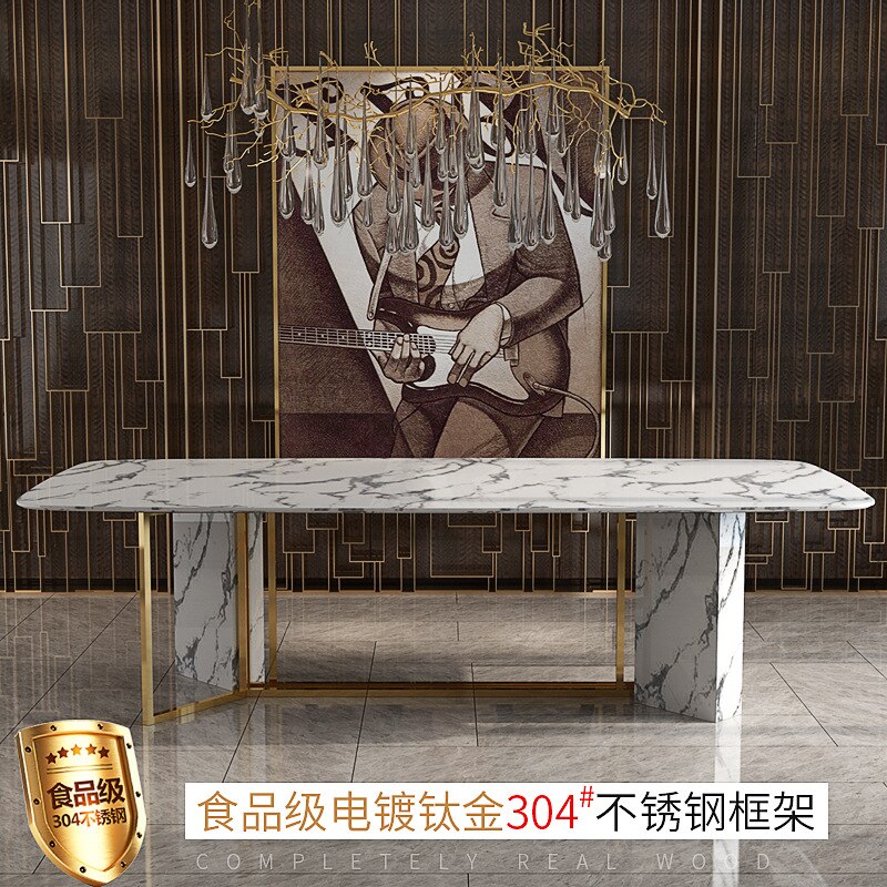 Post-modern light luxury marble dining table Gold-plated stainless steel dining table and chair rectangle table - Image 3