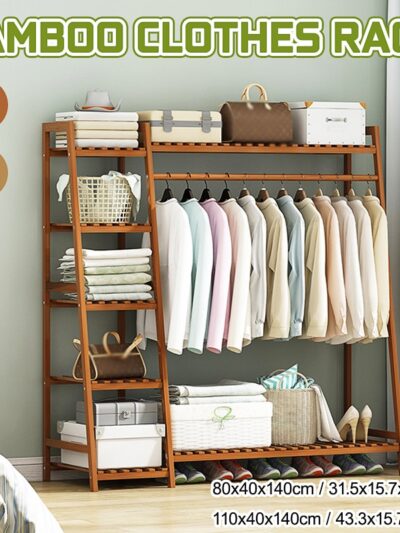 7 Shelves Bamboo Coat Rack Floor Shelf Stand with Multifunction 5-tier Storage Rack Organizer Garment Clothes Holder Shelves