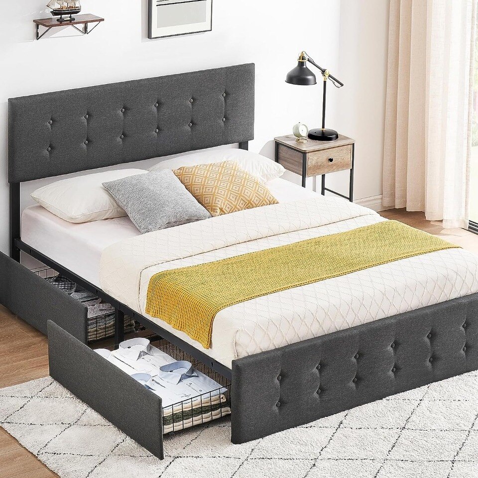 Upholstered Bed Frame Full Size with 4 Storage Drawers and Headboard, Adjustable Upholstered Headboar - Image 5