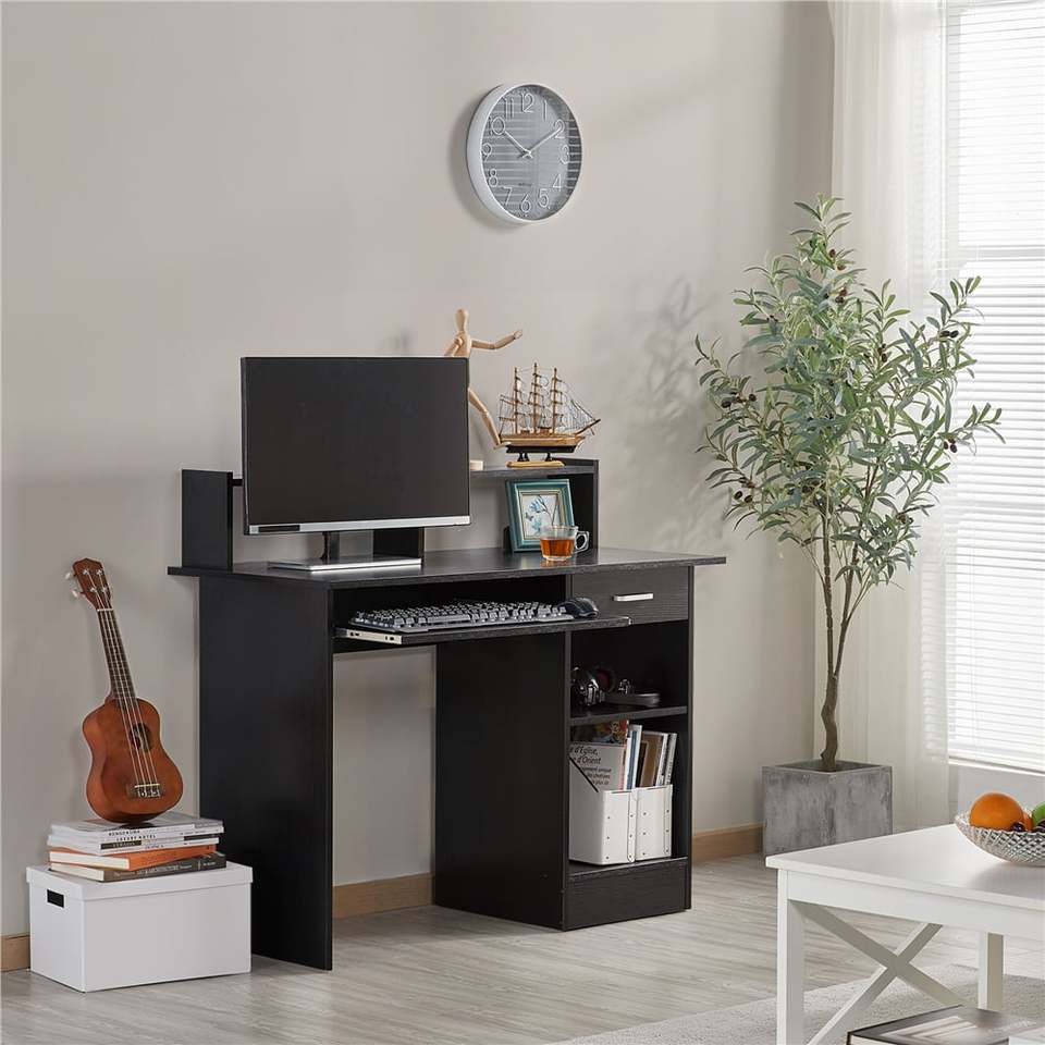 Wooden Home Office Computer Desk with Drawers and Keyboard Tray, Black - Image 5