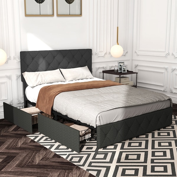 Queen Size Modern Upholstered Bed Frame with 4 Drawers, Platform Bed with Button Tufted Headboard Dark Grey - Image 9