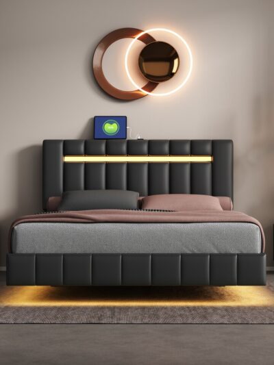 Queen Size Floating Bed Frame with LED Lights and USB Charging,Modern Upholstered Platform