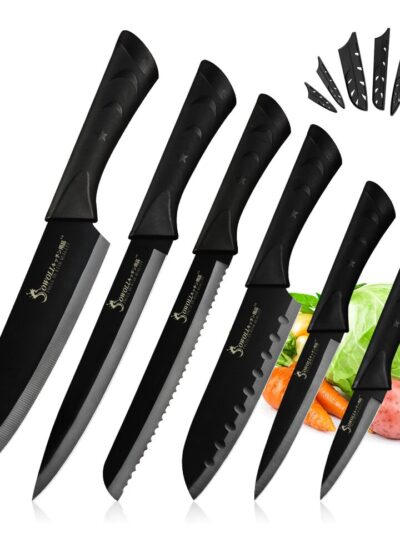 Sowoll 6pcs Black Professional Chef Knives DIY Roll Bag Portable plus Slicing Santoku Fruit Knife