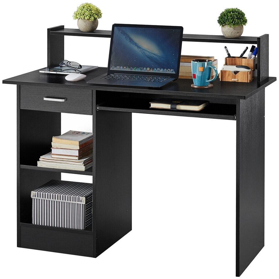 Wooden Home Office Computer Desk with Drawers and Keyboard Tray, Black - Image 4
