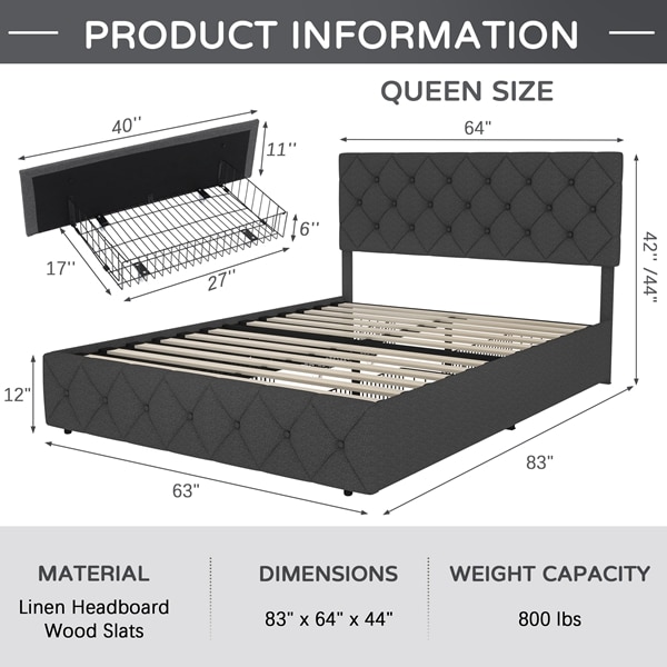 Queen Size Modern Upholstered Bed Frame with 4 Drawers, Platform Bed with Button Tufted Headboard Dark Grey - Image 2