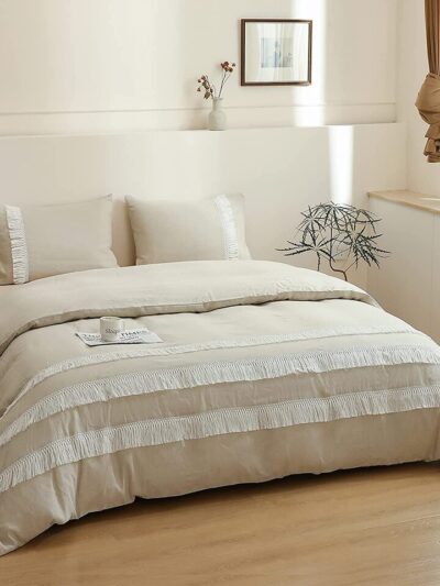 Simple&Opulence Linen Cotton 3Pcs Boho Bedding Set with Tassel Washed Comforter