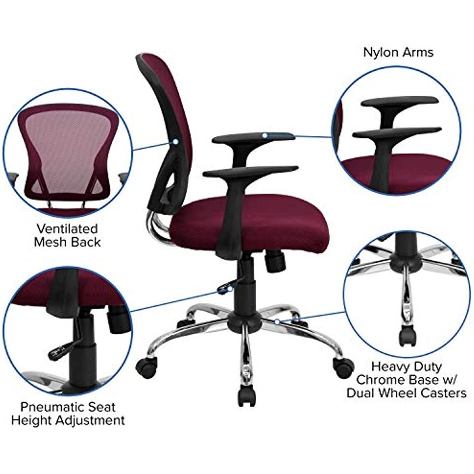 Flash Furniture Mid-Back Burgundy Mesh Swivel Task Office Chair with Chrome Base and Arms - Image 8