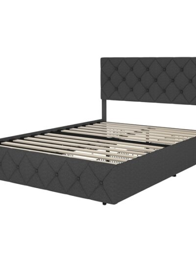 Queen Size Modern Upholstered Bed Frame with 4 Drawers, Platform Bed with Button Tufted Headboard Dark Grey