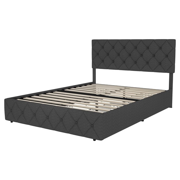 Queen Size Modern Upholstered Bed Frame with 4 Drawers, Platform Bed with Button Tufted Headboard Dark Grey