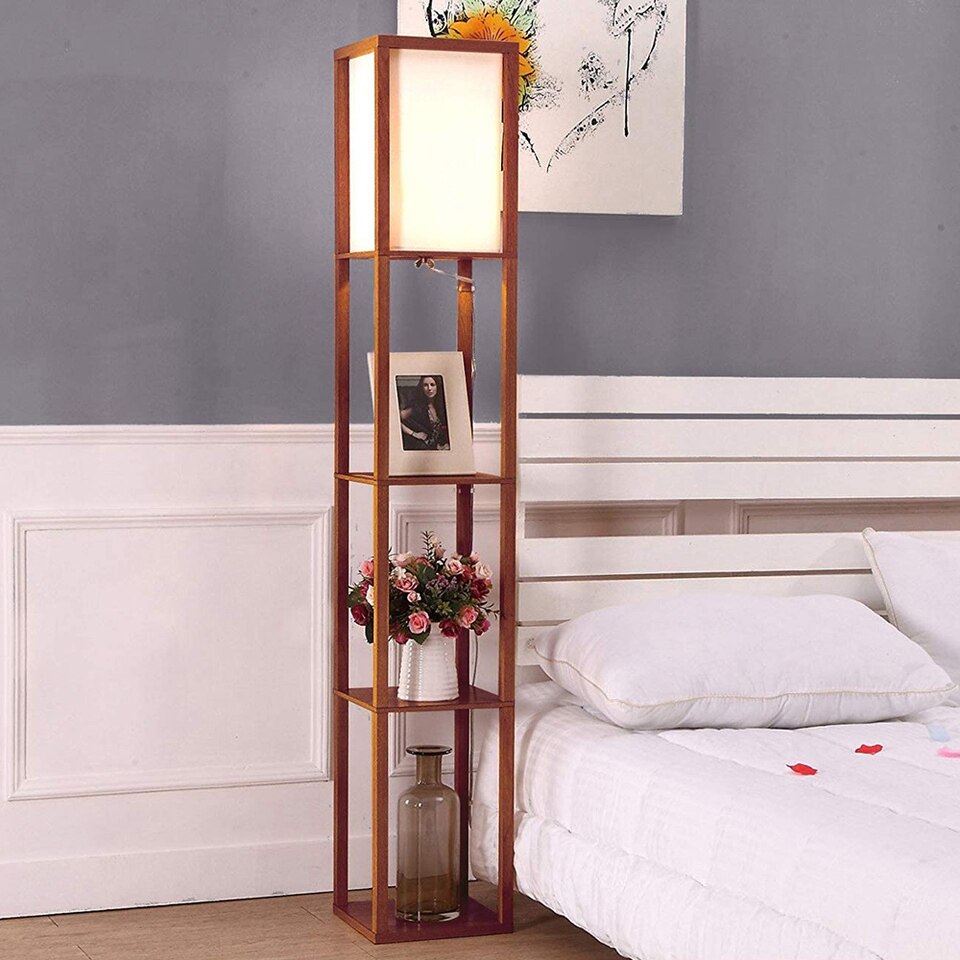 Modern LED Shelf Floor Lamp Skinny End Table Nightstand for Bedroom Standing Accent Light Attached