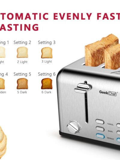 Toaster 4 Pieces Geek Chef Stainless Steel Super Wide Trough Toaster with Bagel/defrosting/