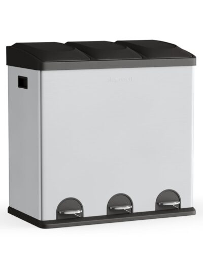 Trash Can 3-Compartment Stainless Steel Kitchen Trash And Recycling Bin, 16 Gal