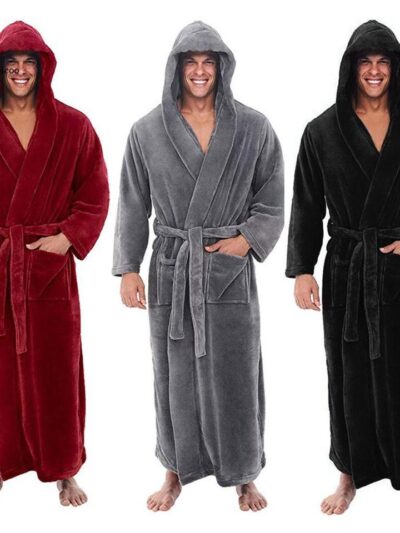 Men's Autumn Winter Thick Long-sleeved Bathrobe Comfortable Hooded Robe Nightgown Bath Gown