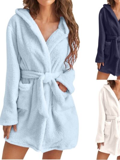 Women Winter Plush Thermal Long Bath Robe Lengthened Shawl Hooded Bathrobe Warm Kimono