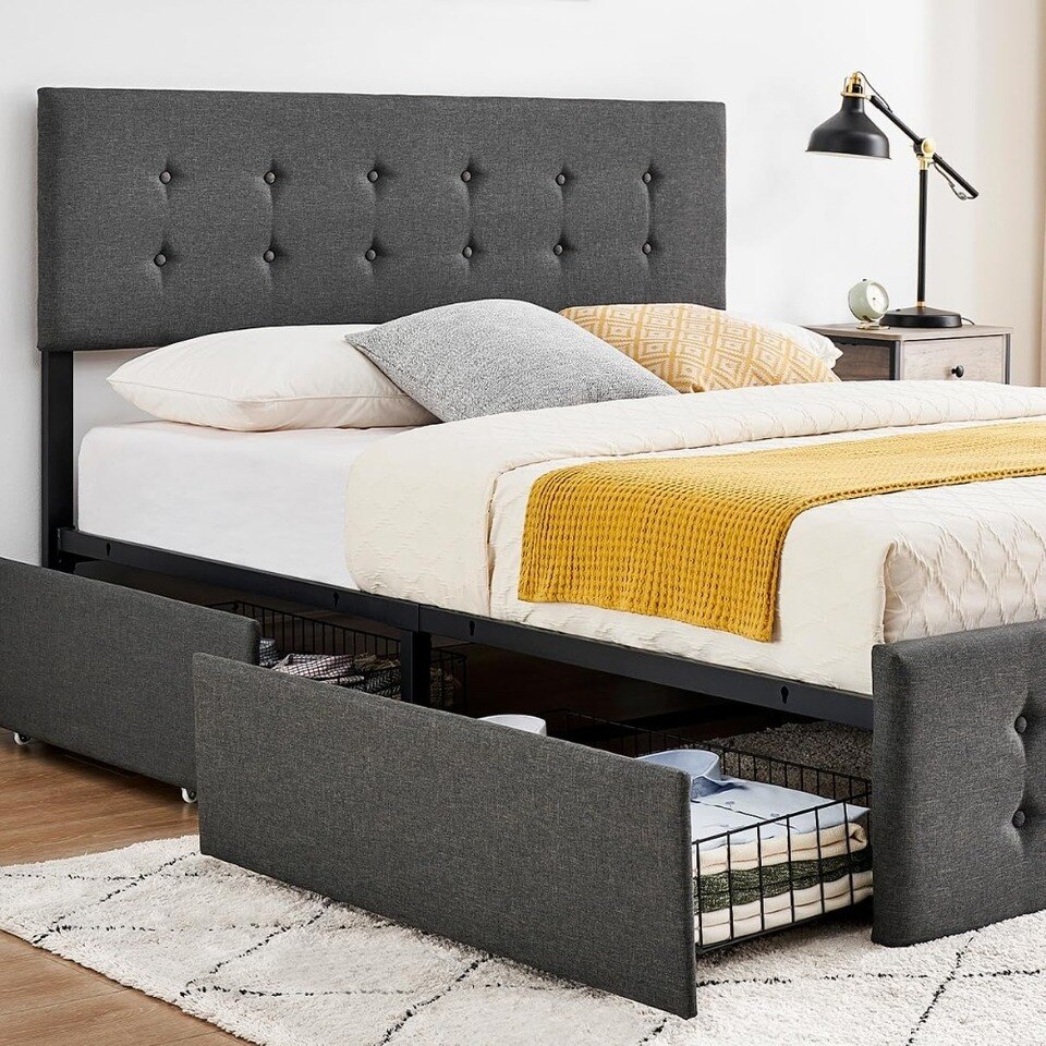 Upholstered Bed Frame Full Size with 4 Storage Drawers and Headboard, Adjustable Upholstered Headboar