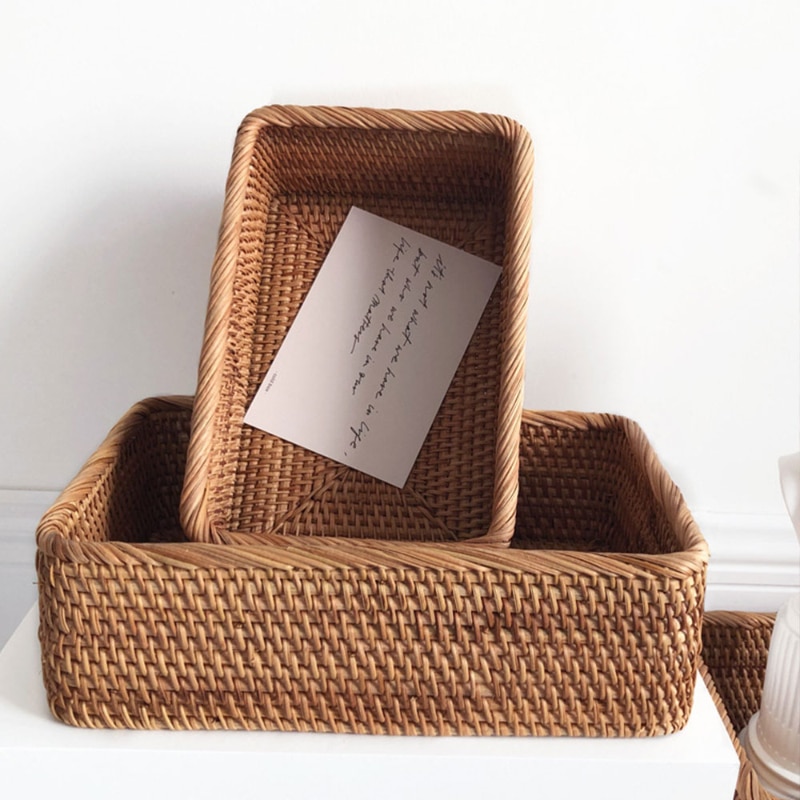 Hand-woven Rattan Wicker Basket Fruit Tea Snack Bread Cosmetic Rectangular Storage Box Household Kitchen Supplies - Image 7