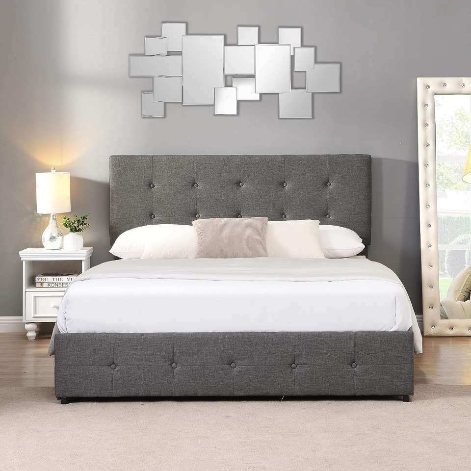 Upholstered Bed Frame Full Size with 4 Storage Drawers and Button Tufted Headboard, - Image 2