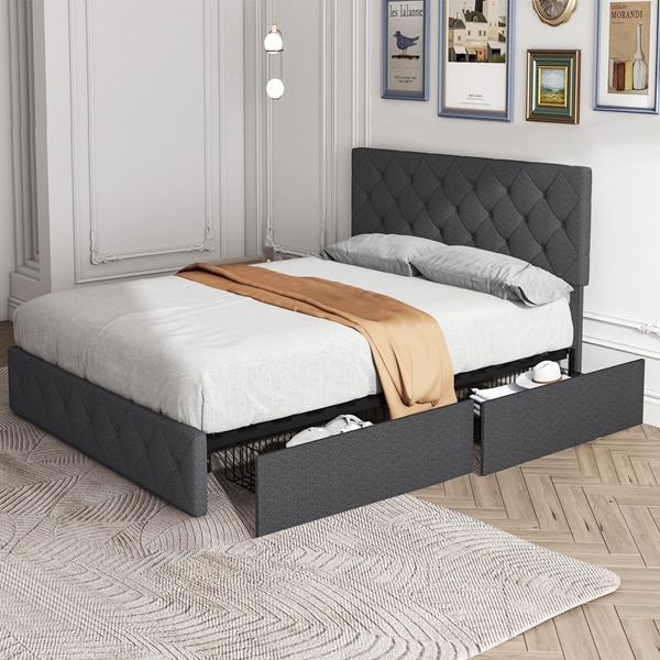 Queen Size Modern Upholstered Bed Frame with 4 Drawers, Platform Bed with Button Tufted Headboard Dark Grey - Image 7