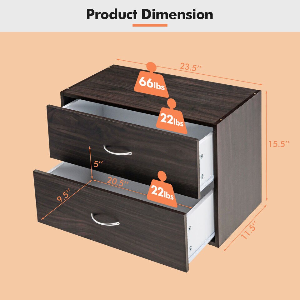 Costway 2-Drawer Dresser Stackable Horizontal Storage Organizer w/Handles Espresso - Image 3