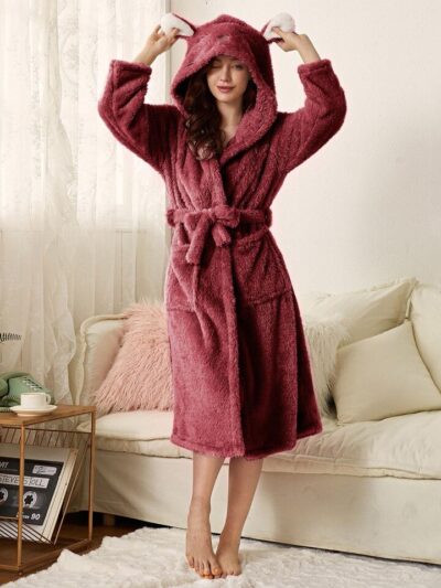 Women Robes Sleepwear Cute 3D Ear Hooded Flannel Bathrobe Soft And Warm Double Faced Velvet