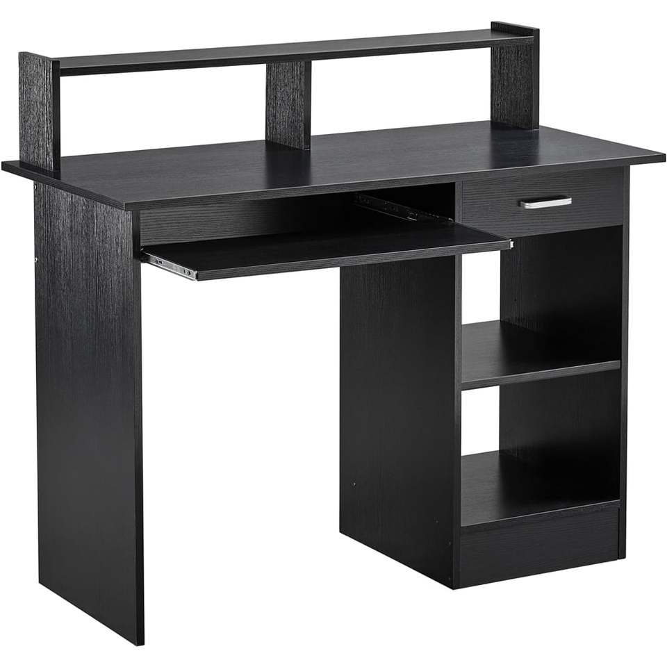 Wooden Home Office Computer Desk with Drawers and Keyboard Tray, Black - Image 2