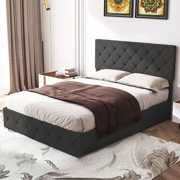 Queen Size Modern Upholstered Bed Frame with 4 Drawers, Platform Bed with Button Tufted Headboard Dark Grey - Image 6