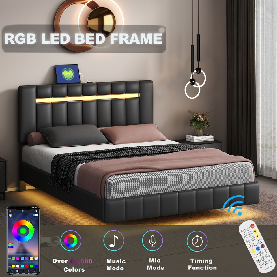 Queen Size Floating Bed Frame with LED Lights and USB Charging,Modern Upholstered Platform - Image 6