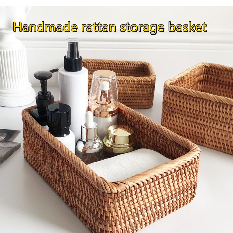 Hand-woven Rattan Wicker Basket Fruit Tea Snack Bread Cosmetic Rectangular Storage Box Household Kitchen Supplies