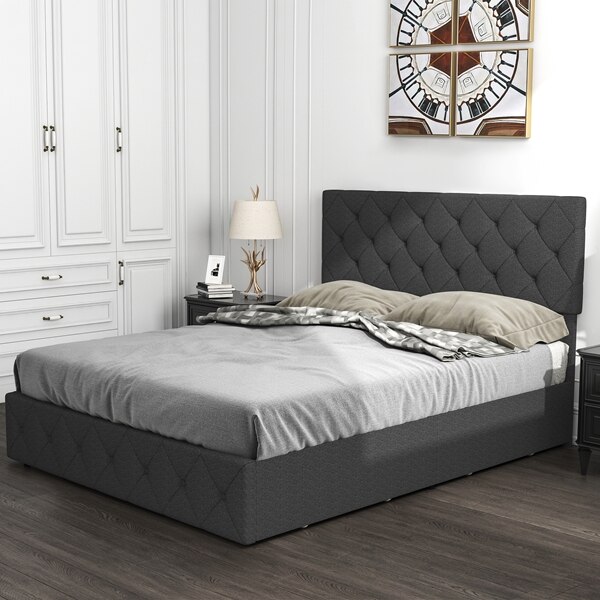 Queen Size Modern Upholstered Bed Frame with 4 Drawers, Platform Bed with Button Tufted Headboard Dark Grey - Image 5