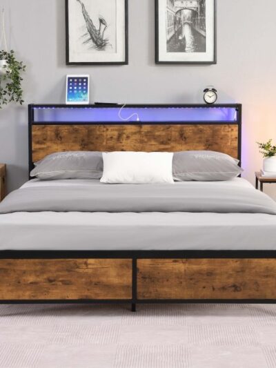 Industrial Full Bed Frame with LED Lights and 2 USB Ports, Bed Frame Full Size