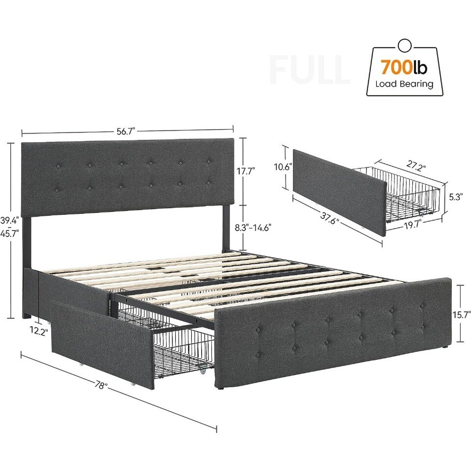Upholstered Bed Frame Full Size with 4 Storage Drawers and Headboard, Adjustable Upholstered Headboar - Image 2