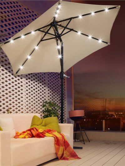 SMILE MART 7.5ft Standard Patio Umbrella with LED Lights, Tan Outdoor Umbrella